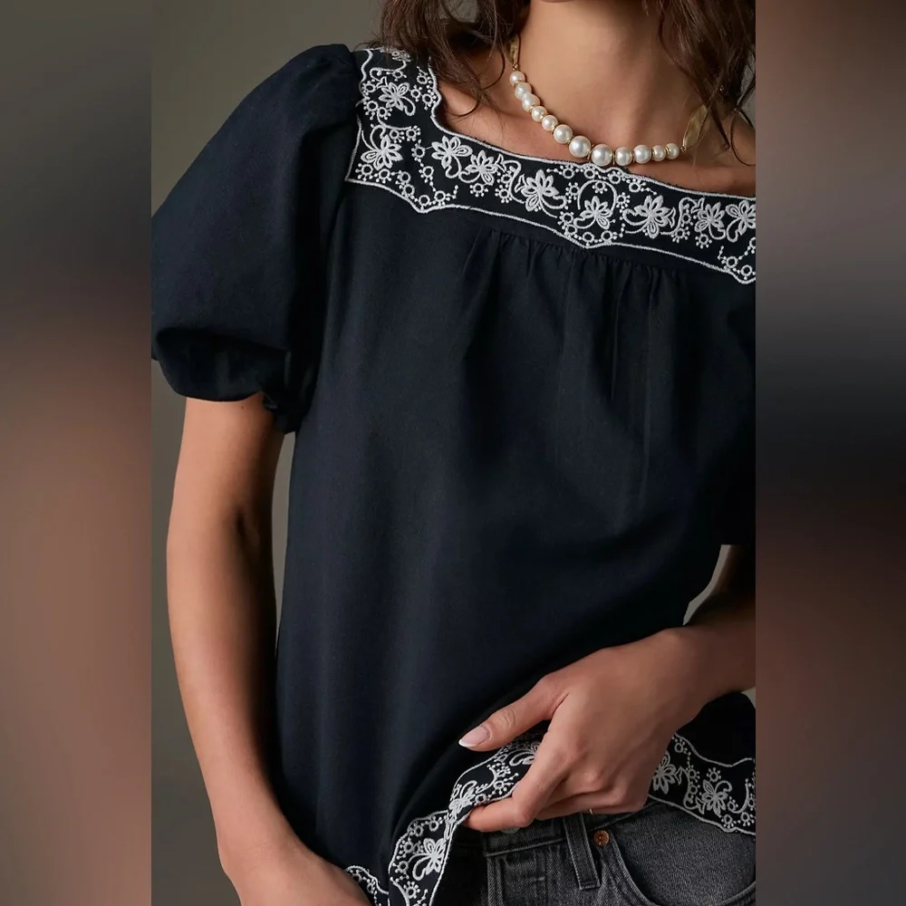 Anthropologie Embroidered Linen Tunic Top Black White Boho Cottagecore Summer L
